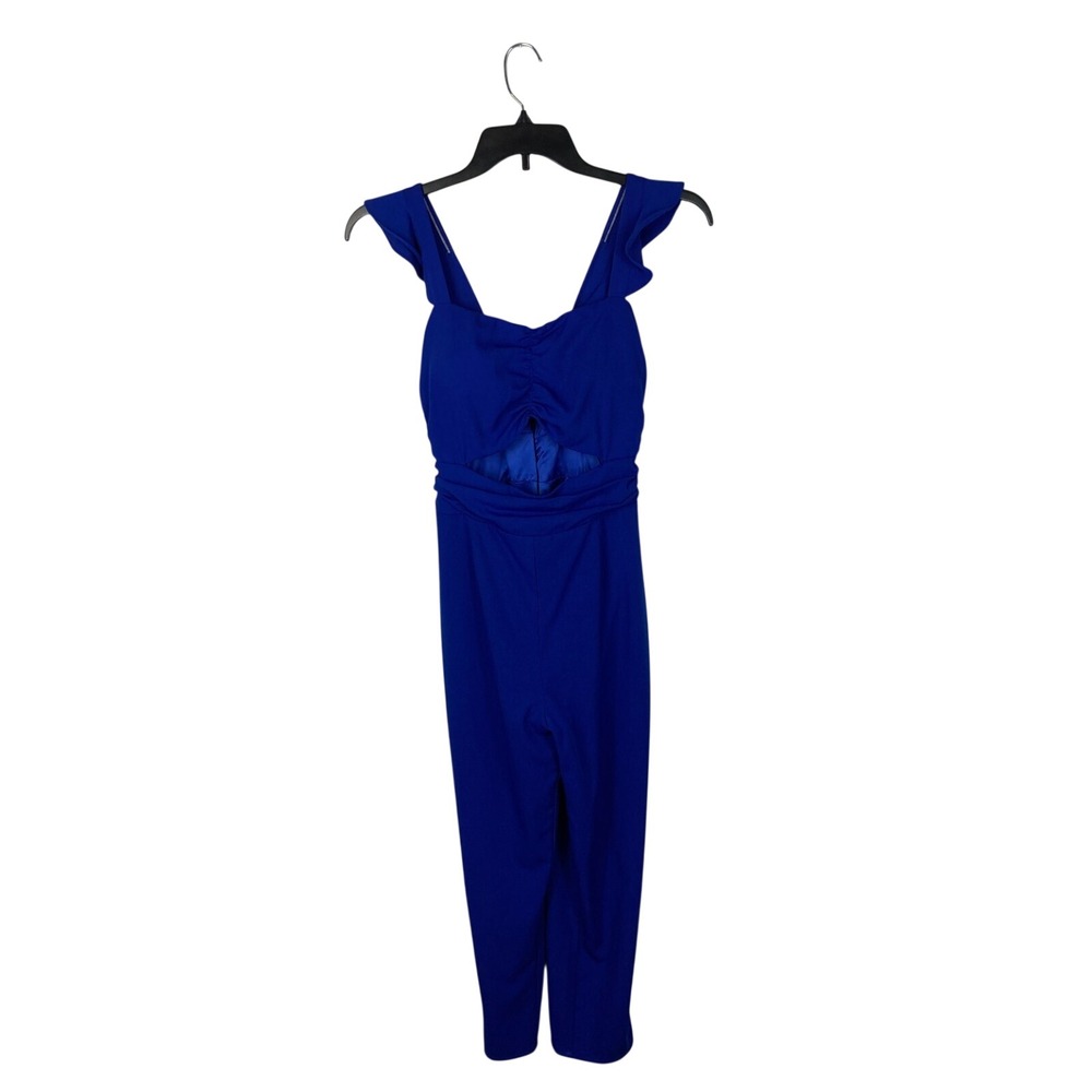 Lovers + Friends Jumpsuit Womens S Blue Ruffled Sleeve Slim Leg Front Cut Out